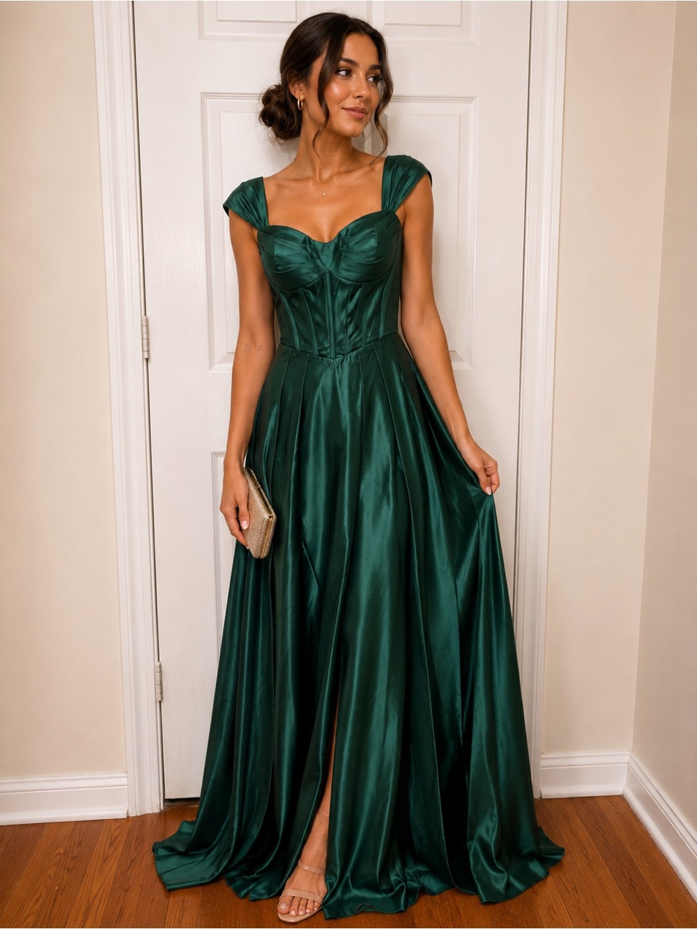 Elegant Off-Shoulder Emerald Green Satin Evening Dress